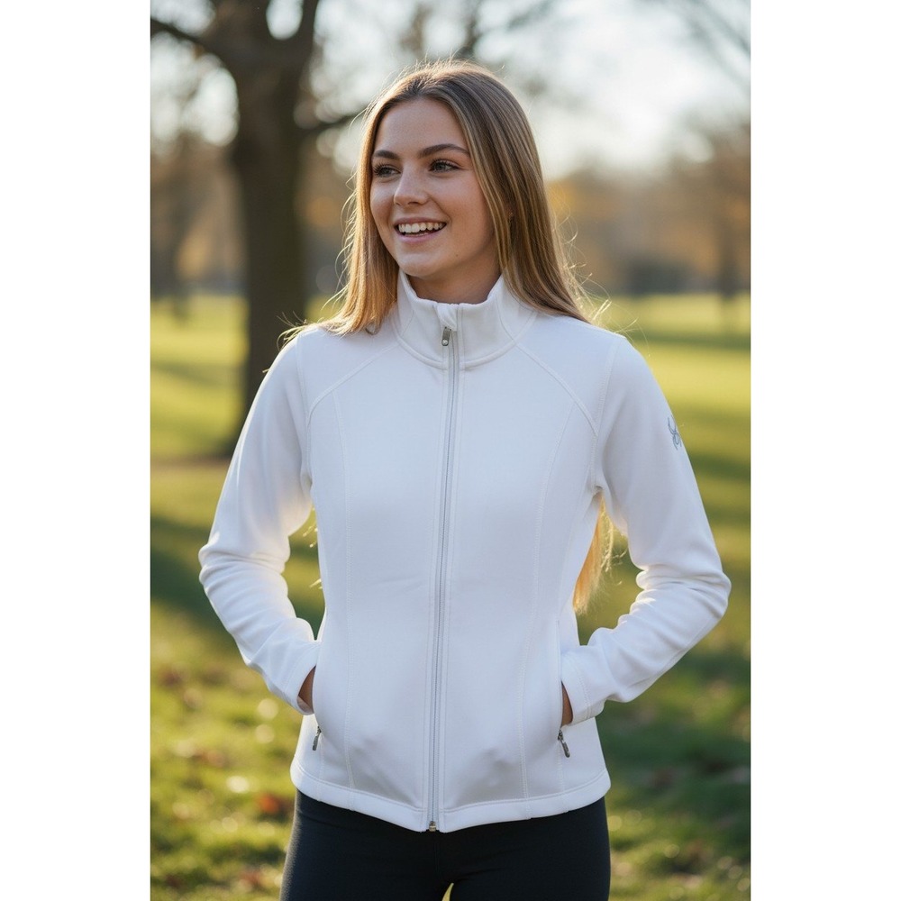 Spyder Womens White Full Zip Fleece Jacket Mock Neck Athletic Fit Medium